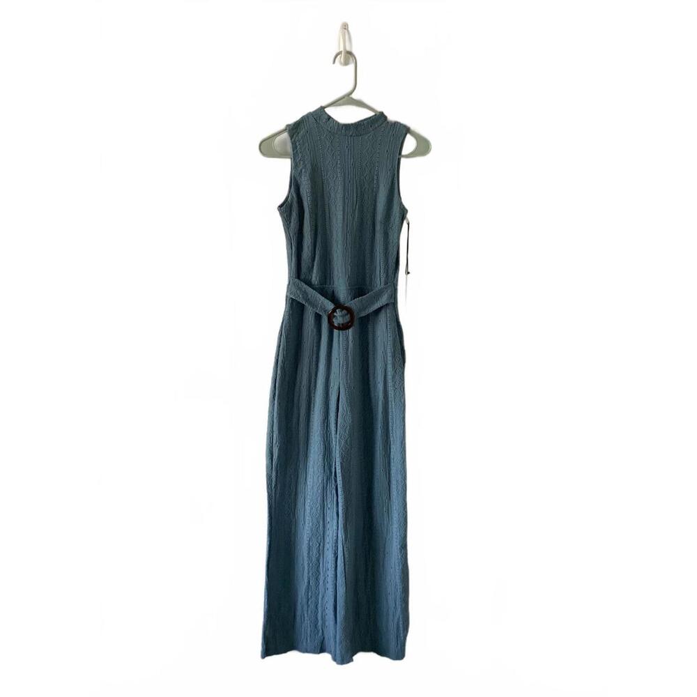 MAX+ASH Blue Sleeveless Lace Belted Jumpsuit Size S Wide Leg Back Keyhole